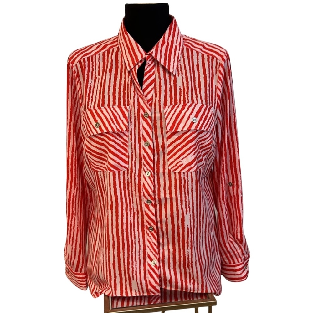 KIM ROGERS Long Sleeve Button-up Shirt  Petite Large Red w Pink / White Stripe